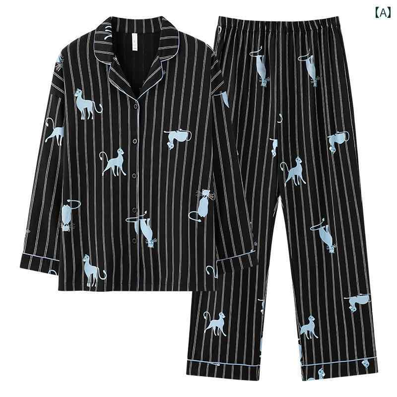 ストライプ　パジャマ　スウェット 江 宜 綿 A級 パジャマ カップル ストライプ ブルー 猫 長袖 ホーム..