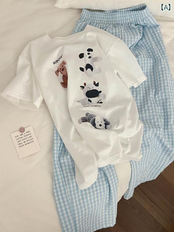 ストライプ　パジャマ　スウェット 韓国 シンプル 子犬 プリント 半袖 パジャマ レディース 夏 チェック 柄 ストライプパンツ 大きいサイズ ホーム 服 スーツ アウターウェア