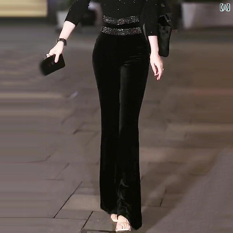 ボトムス　レディース　スリム 高級 ホット ラインストーン ゴールド ベルベット ベルボトムパンツ レディース 春秋 2025新 スタイル ..