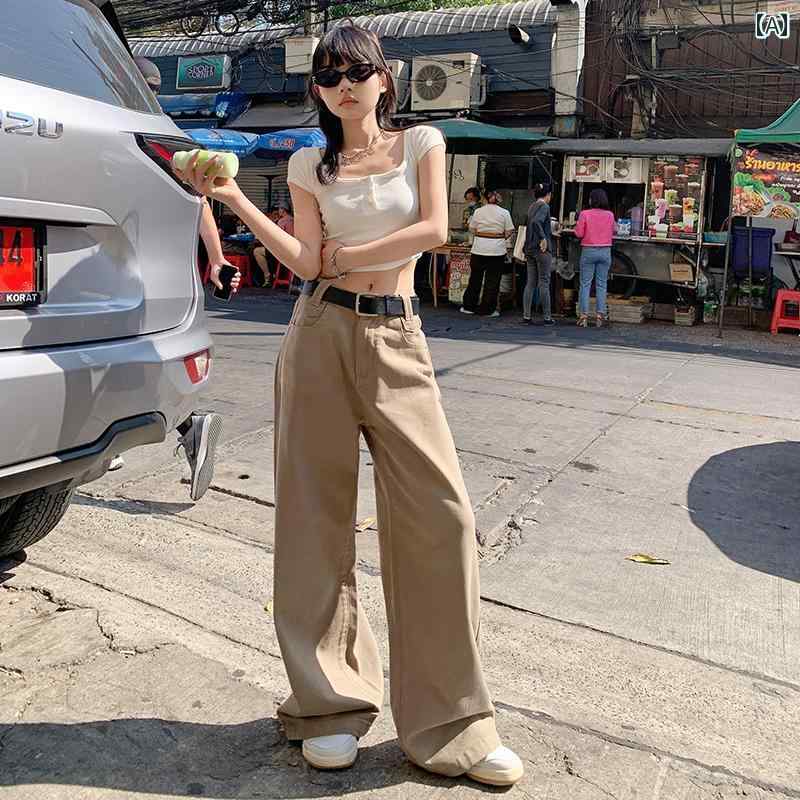 ワイド　パンツ　ボトムス アメリカン ワイド レッグ ジーンズ レディース 2025 春 カーキ ハイウエスト スリム ドレープ ストレート カジュアル パンツ