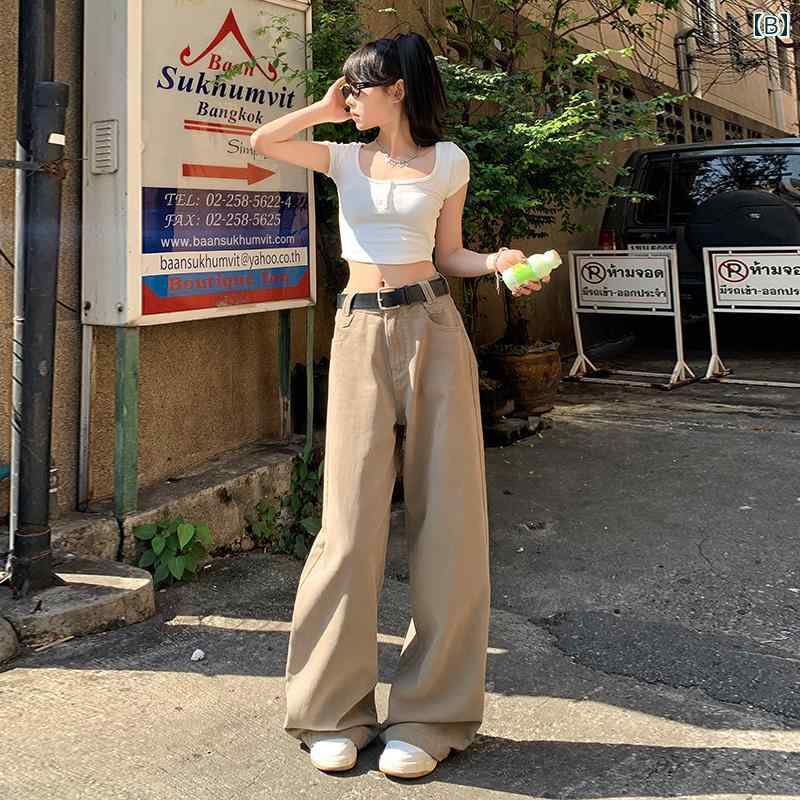 みやショップ楽天市場店のワイド　パンツ　ボトムス アメリカン ワイド レッグ ジーンズ レディース 2025 春 カーキ ハイウエスト スリム ドレープ ストレート カジュアル パンツ｜アングル2