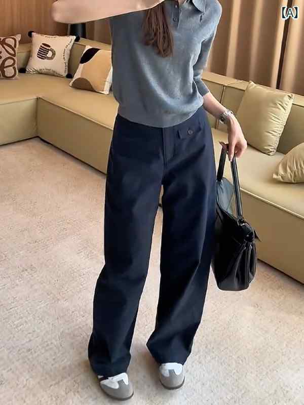 ワイド パンツ ボトムス ネイビーブルーの ワイド レッグ オーバー オール レディース 春の スポーツ パンツ ストレート 大きいサイズ ハイウエスト ゆったり スリム モップ カジュアル