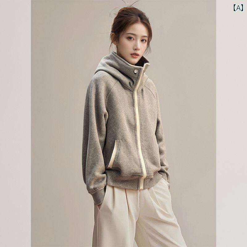 フリース トップス ジッパー 2025 春 ベースボール ジャケット ショート グレー シャネル スタイル フード付き スタンドカラー セーター レディース 春秋