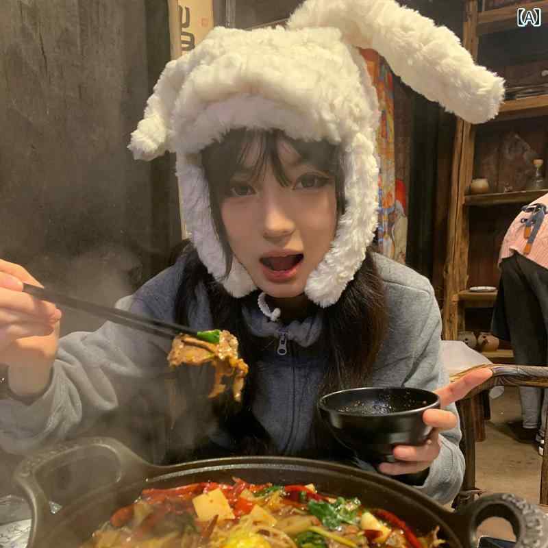 うさぎ耳　帽子　かわいい 韓国 かわいい ぬいぐるみの ウサギの 耳の 帽子 女性用 秋冬 厚手で 暖かい 保護 アウトドア 旅行 防風 雷 鋒