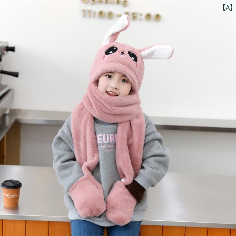 帽子 うさぎ かわいい ウサギの 耳の 動く 帽子 女性用 冬 暖かい マフラーの 親子 3点 セット 子供用 マフラー 手袋