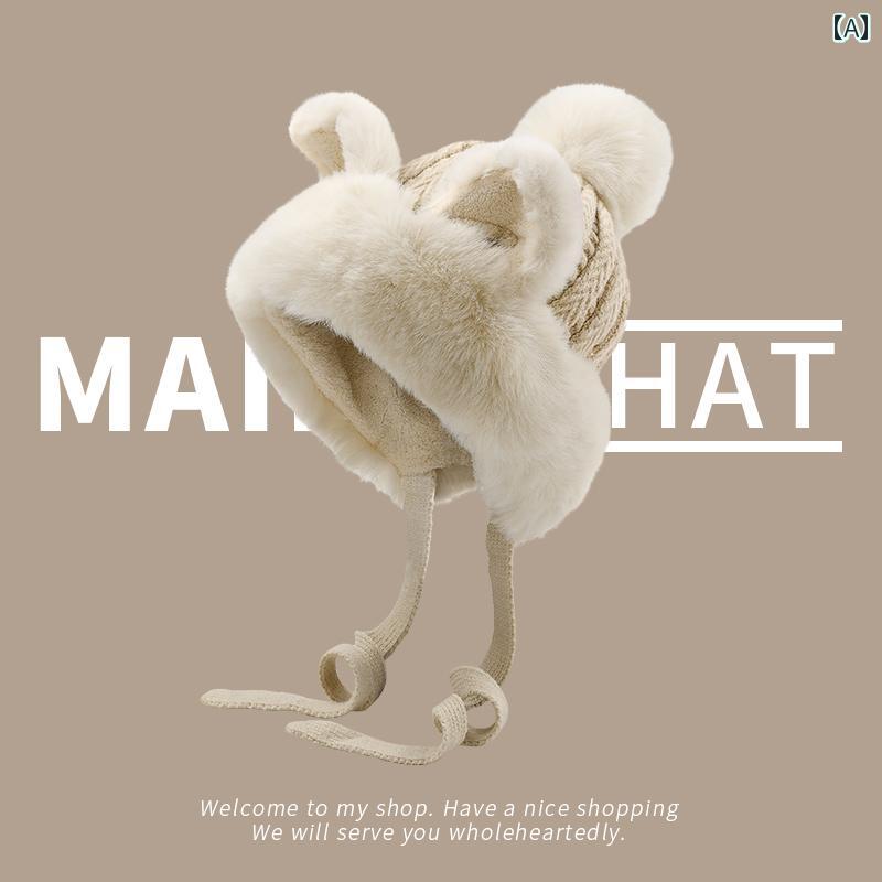 帽子 うさぎ耳 かわいい かわいい キツネ 耳の ぬいぐるみ 帽子 女性用 冬用 2024年 の 耳 保護 暖かい ニット ウール