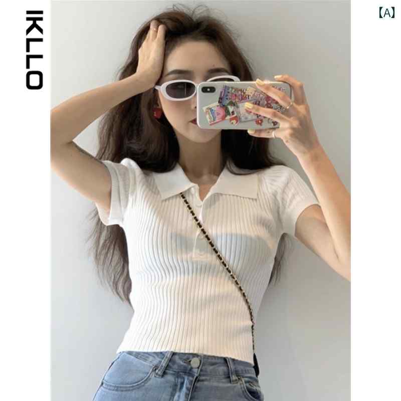 レディース　ハイウエスト　パンツ アボカド グリーンの ポロ カラー 冷感の 薄手 セーター スリムフィ..