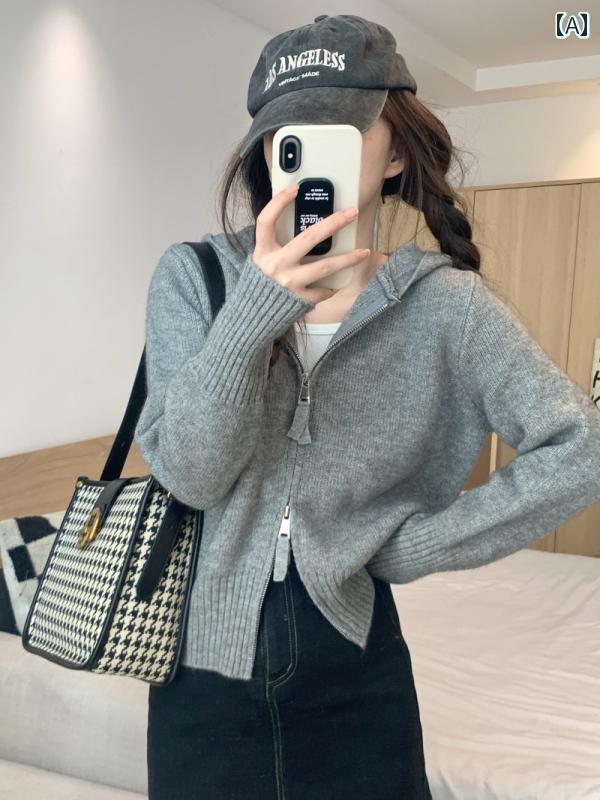 パーカー　フード付き　ニット グレーの ジッパー ジャケット フード付き ニットカーディガン レディー..