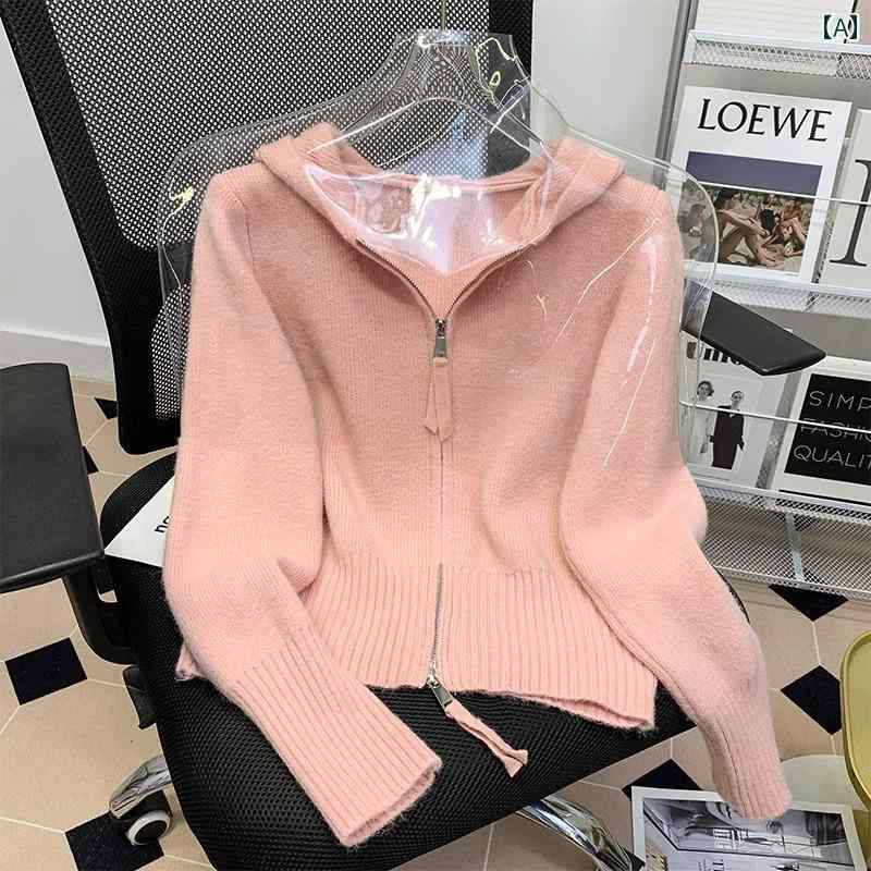 パーカー　フード付き　ニット 優しい ピンクの フード付き セーター ジャケット 女性用 秋冬 ダブル ..