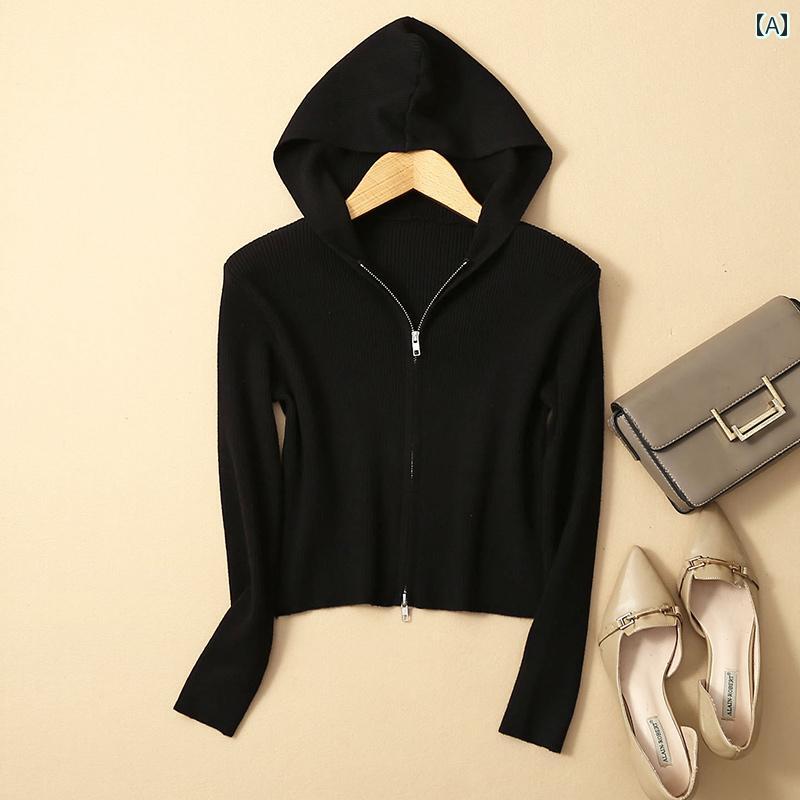 パーカー　フード付き　ニット ハイウエスト ショート フード付き ウール ニットカーディガン レディー..