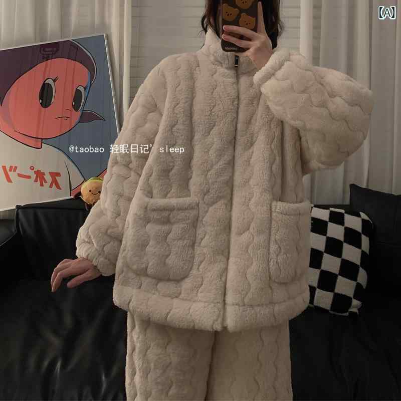 レディース　パジャマ　スウェット　上下 冬用 3 層 キルティング パジャマ 女性用 白 裏起毛 厚手 暖かい コーラル フリース シンプル カップル ホームウェア スーツ 男性用
