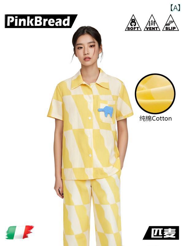 　パジャマ　レディース　上下 PinkBread グース イエロー アート カップル 春夏 コットンガーゼ 半袖 パジャマ ホームウェア セット