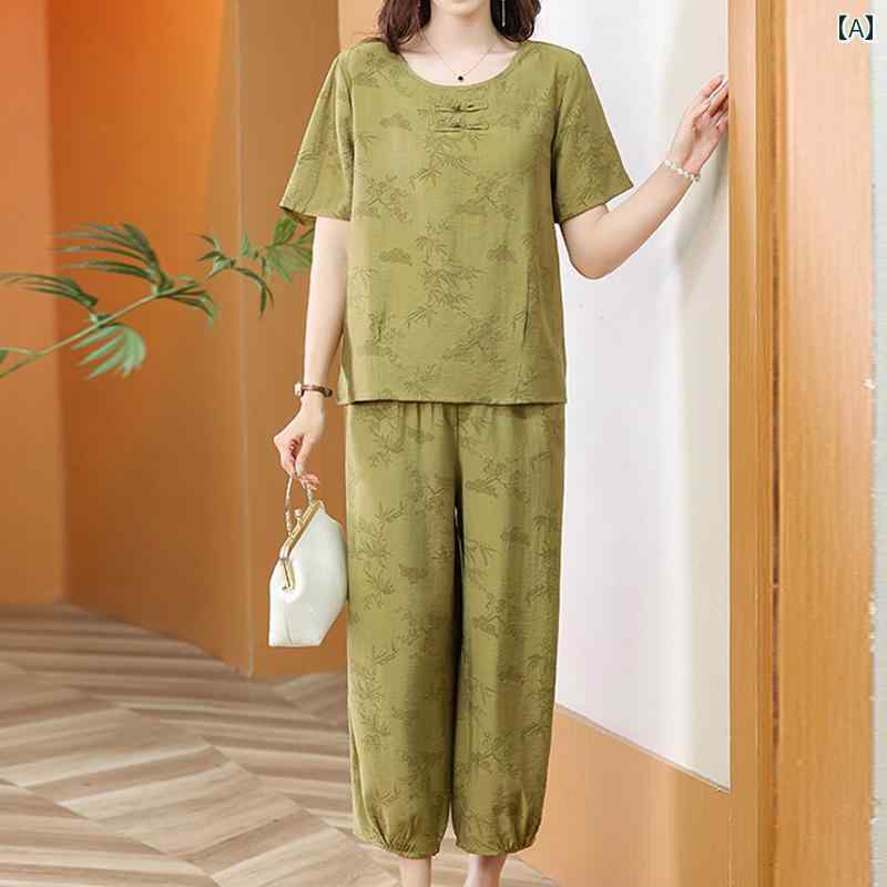 パジャマ レディース 上下 レディース 夏 半袖 綿 麻 唐装 パジャマ チャイナ風 洋風 ママ 夏服 家庭 服 カジュアル スーツ