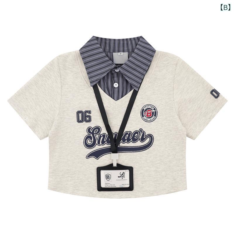 　Tシャツ　メンズ　おしゃれ cuwu アメリカン レトロ ストライプ ポロ カラー ストレート ショルダー 半袖 Tシャツ レディース 夏 ゆったり 万能 スリム ショート トップス