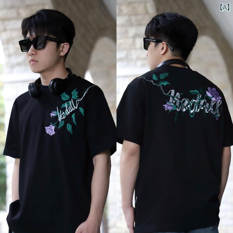 　Tシャツ　メンズ　おしゃれ KZDALL パープルローズ 刺繍 半袖 Tシャツ 夏 アメリカン ストリート カ..