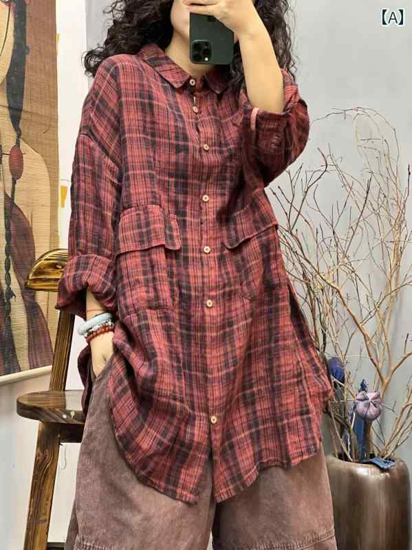 レディース シャツ トップス 48 春 レッド チェック 柄 ミドル 丈 リネン カジュアル レディース シャツ バスト 152 着 82