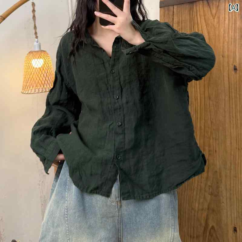 レディース　　シャツ　トップス Hualouは 2025 春の カジュアル シンプル 風 サンド ウォッシュ リネン ボタン ダウン レディースシャツを 生産