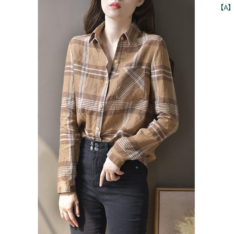 レディース　　シャツ　トップス チェック シャツ レディースジャケット 春秋 品 高級 軽量 高級小 トップス 長袖 リネンシャツ