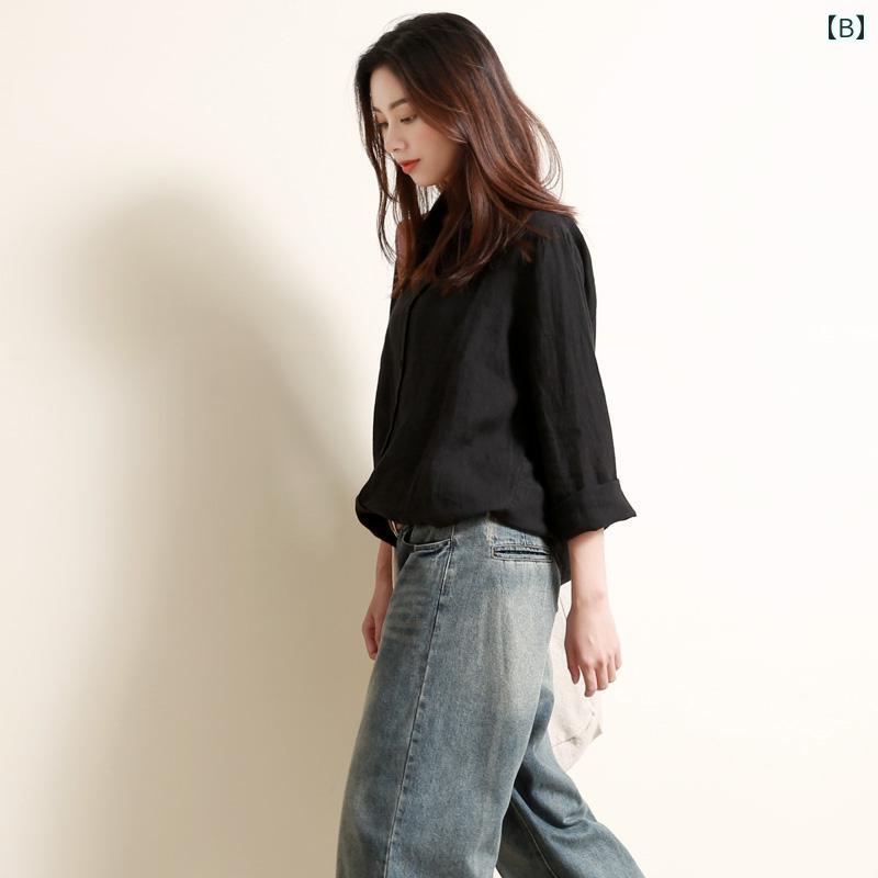 レディース　　シャツ　トップス Gujiaは レディース 文学的な 綿 リネンの シャツ トップス ゆったり 長袖の リネンシャツを 生産 しました