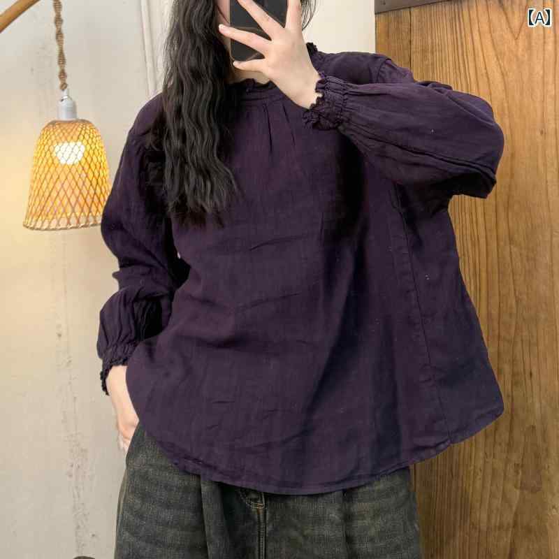 レディース　　シャツ　トップス Hualouは 2024冬 麻 両面 着用 菌 襟 シャツを 生産