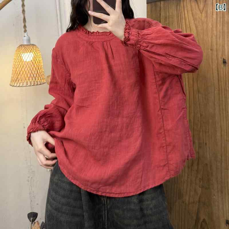 レディース　　シャツ　トップス Hualouは 2024冬 麻 両面 着用 菌 襟 シャツを 生産