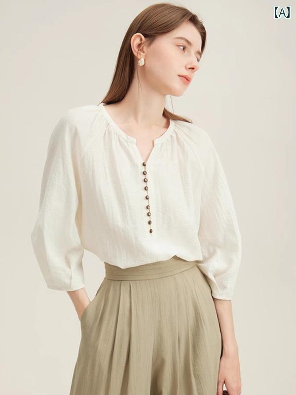 レディース　　シャツ　トップス フランスの レトロ ラウンドネック リネンシャツ 女性用 夏の な 七分袖 シャツ 通勤 ゆったりと スリム