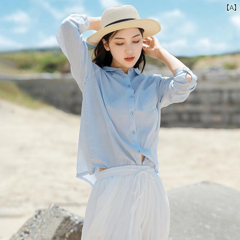 レディース シャツ トップス ライト ブルー リネン レディースシャツ 春服 ハイエンド 春秋 スーツ ゆったり 文学 トップ