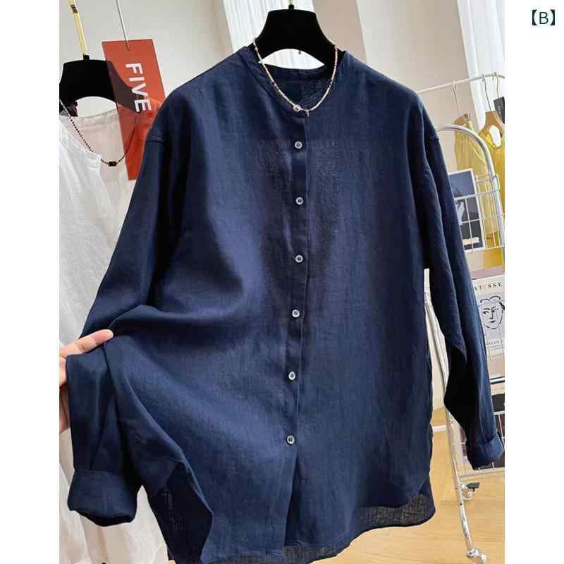 レディース　　シャツ　トップス フランスの シンプル リネン 白 シャツ レディース 秋 ファッション カジュアル な ラウンドネック リネンシャツ トップ