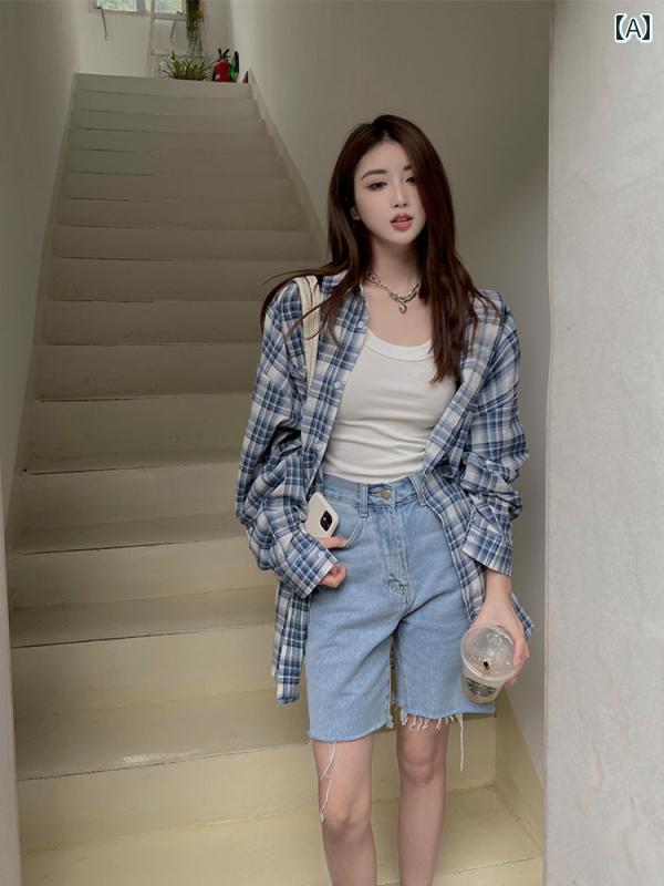 レディース　　シャツ　トップス コットンと リネンの 青い チェック 柄 シャツ ジャケット レディース 春秋 薄手 日焼け防止 リネン トップ 春服(4)