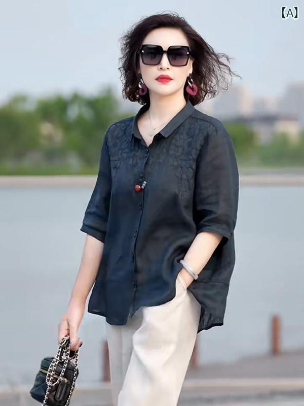 レディース　　シャツ　トップス チャイナ風 レトロ ポロ カラー ラミー シャツ レディース 5点 袖 夏 ゆったり スリム 刺繍 万能 トップス