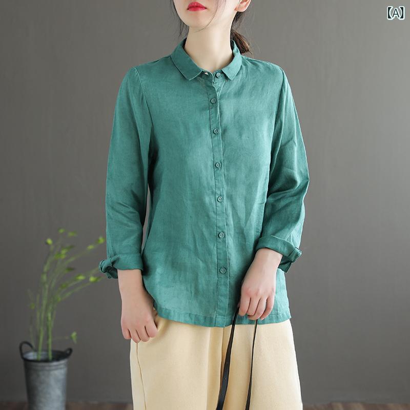レディース　　シャツ　トップス レトロ 長袖 リネンシャツ 女性用 2024年 初秋 無地 シャツ ゆったり ..