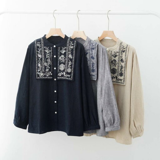 レディース シャツ トップス 110 先 染め リネン コットン ヘビー 刺繍 長袖 秋 シャツ レディース シャツ トップス 110 先 染め リネン コットン ヘビー 刺繍 長袖 秋 シャツ