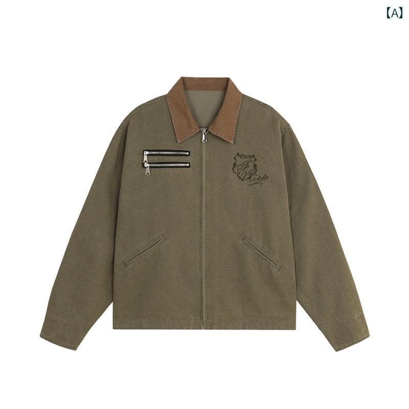 アウター メンズ ジャケット パーカ FORNINES ウォッシュド ヴィンテージ デトロイト ジャケット カップル アメリカン レトロ ワークウェア メンズ 春秋