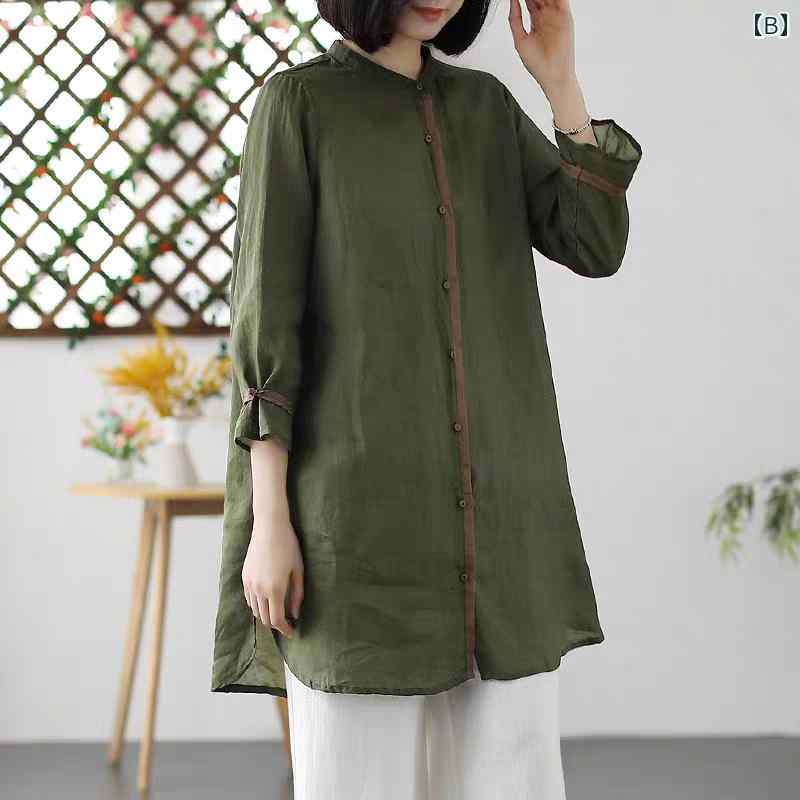 レディース　　シャツ　トップス レトロ なの コットンと リネンの シャツ レディースの 夏用 ゆったり カジュアル スタンドカラー ミディアム ロング 薄手 リネン 七分袖 トップス