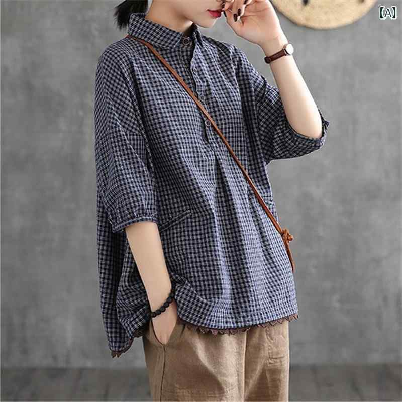 レディース　　シャツ　トップス コットンリネン チェック シャツ レディース 2025 夏 商品 レース ハイエンド リネン トップス 七分袖