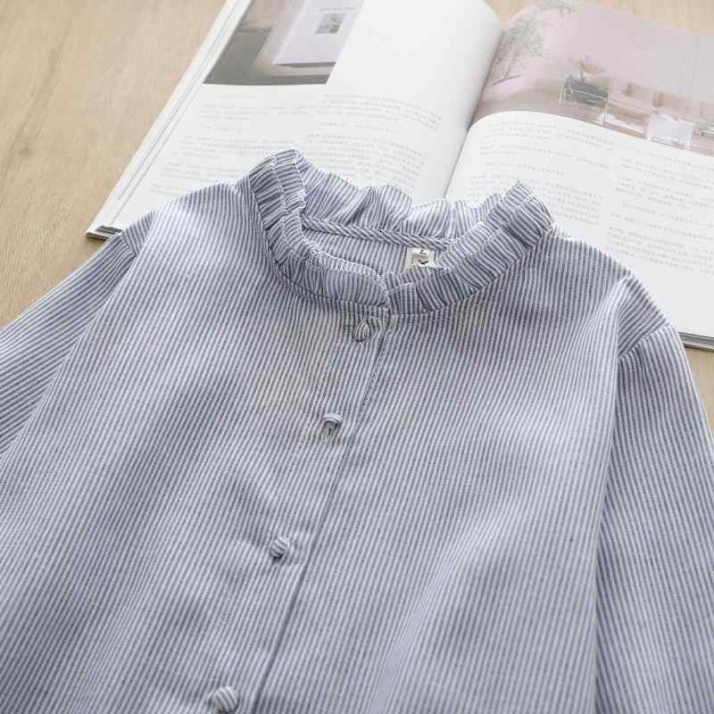 レディース シャツ トップス レトロ フリルスタンドカラー ストライプ コットンリネン シャツ 女性用 ゆったり 年齢を 減らす シック 小さい