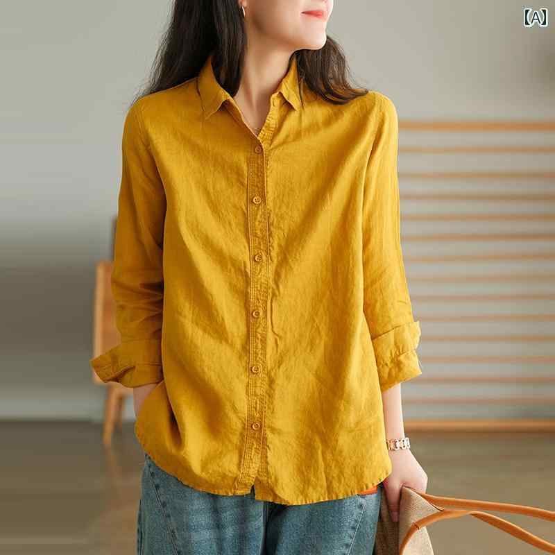 レディース　　シャツ　トップス 韓国 リネンシャツ レディース 春秋 ゆったり カジュアル コットンリ..