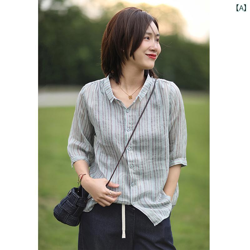 　レディース　シャツ　トップス アウトレット ゲディ カット ラベル テール 商品 レディースファッション 縦縞 ラミー 七分袖 通勤 シャツ