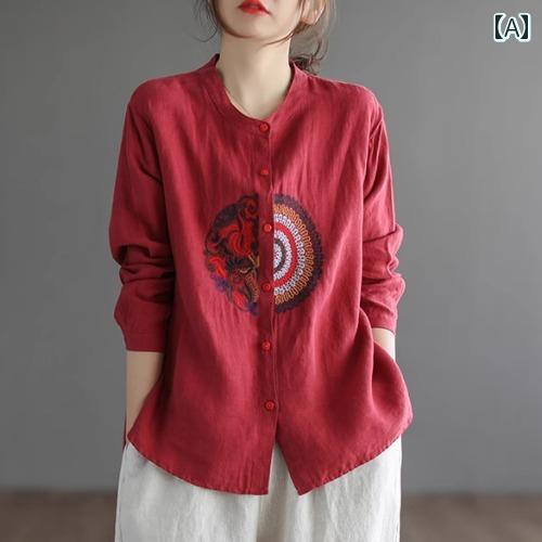 レディース シャツ トップス チャイナ風 刺繍入り コットンリネン シャツ 女性用 2025 春型 マザー ハイエンド リネン ゆったり 長袖 トップス レディース シャツ トップス チャイナ風 刺繍入り コットンリネン シャツ 女性用 2025 春型 マザー ハイエンド リネン ゆったり 長袖 トップス