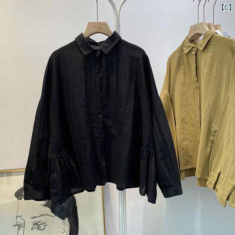 　レディース　シャツ　トップス 春秋 長袖 シャツ ゆったり リネン 韓国 太 mm 年齢を 減らす フリル ベビー コットンと リネンの トップス