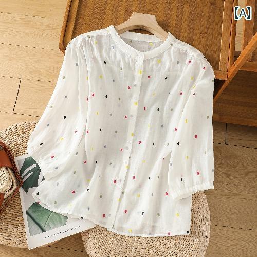 　レディース　シャツ　トップス 2024夏 小 清新 色 水玉 刺繍 シャツ 女性 年齢 軽減 スタンドカラー ラミー中 袖