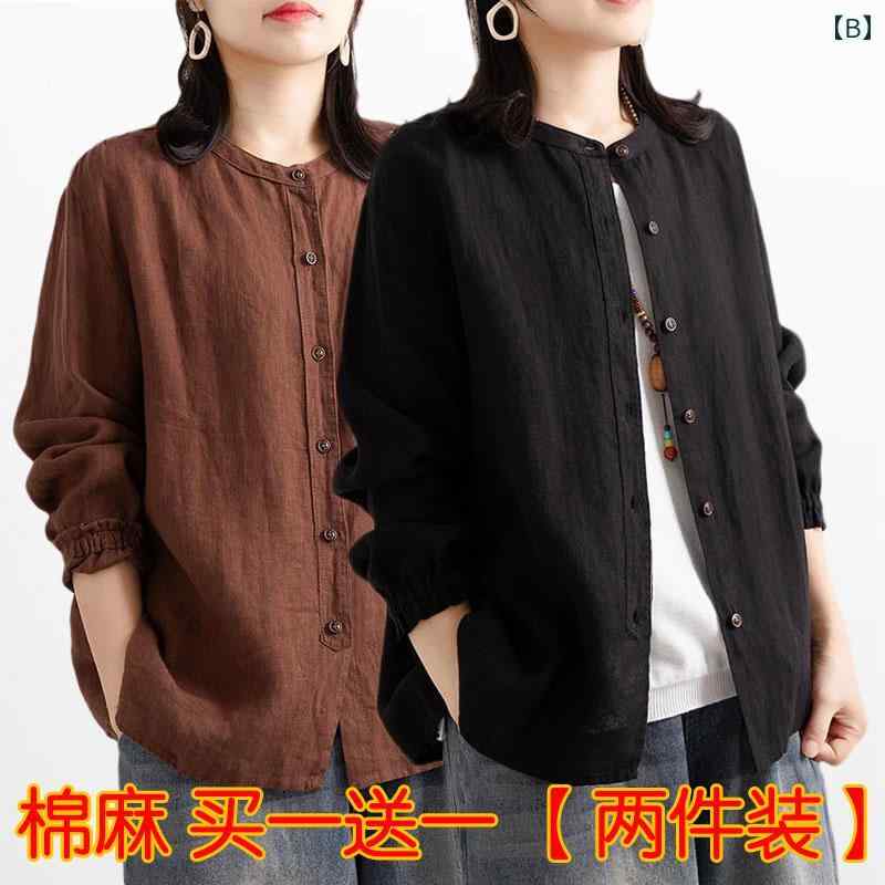 　レディース　シャツ　トップス シングル / ツー パック 文学 レトロ 長袖 コットンと リネンシャツ 女性用 春夏 ラウンドネックカーディガン トップス