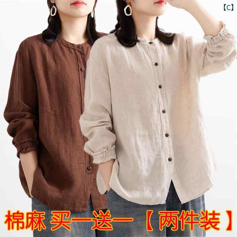 　レディース　シャツ　トップス シングル / ツー パック 文学 レトロ 長袖 コットンと リネンシャツ 女性用 春夏 ラウンドネックカーディガン トップス