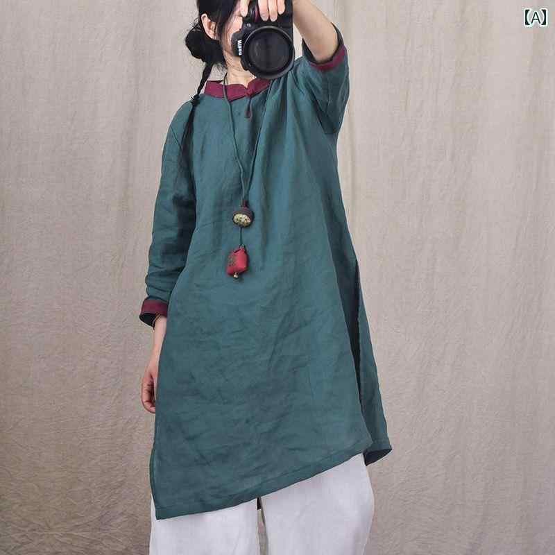 レディース　　シャツ　トップス Zimo Qinghe ~ 文学的な の スタンドカラー プレート ボタン リネン シャツ 女性用 ミドル丈 ティー スーツ 七分袖 コットンと トップ