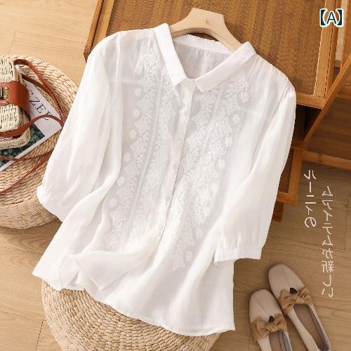 レディース　　シャツ　トップス カット ラベル レトロ 刺繍 ラミー シャツ レディース 夏 ゆったり カ..