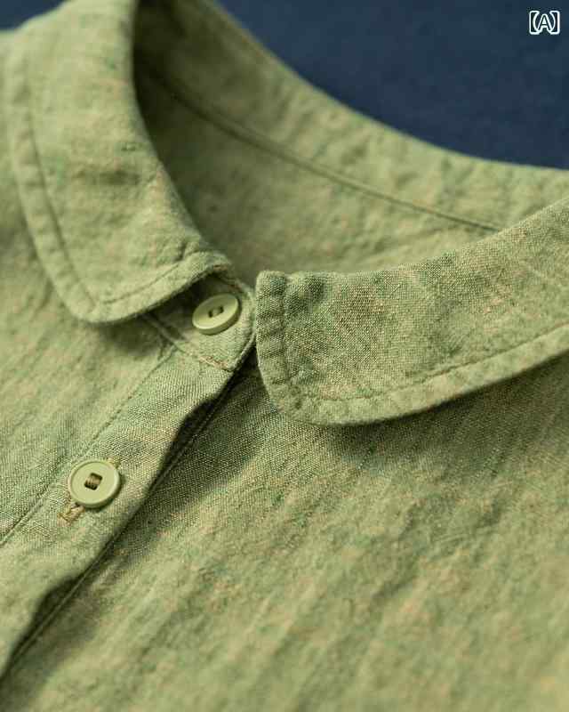 レディース　　シャツ　トップス 西 和の 高級 二 色 糸 先 染め リネン カジュアル 半袖 シャツ グリーン