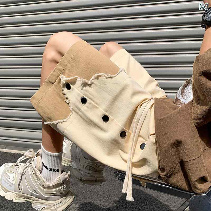 　ショート　ハーフ　パンツ　 フェイク ツーピース 破れ ショート パンツ メンズ 夏 アメリカン ゆっ..