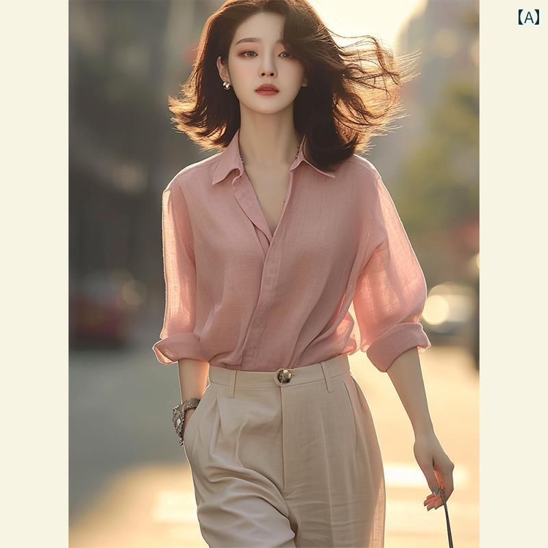 　レディース　シャツ　トップス 深 セン 南 友 ビッグ 贅沢 品 ファッション 風 ストリート 年齢を 減らす ピンクの リネン コットンシャツ レディース 春 トップス