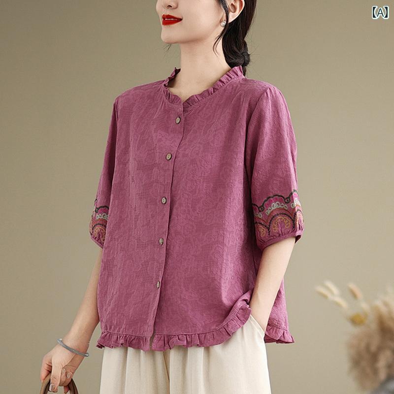 　レディース　シャツ　トップス のお母さんの 綿 麻 半袖 トップス 高級 リネン シャツ 女性用 夏 2025年新 婦人服