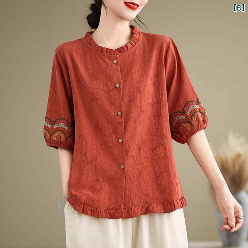　レディース　シャツ　トップス のお母さんの 綿 麻 半袖 トップス 高級 リネン シャツ 女性用 夏 2025年新 婦人服